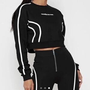 Maniere De Voir Black Cropped Sweatshirt with White Accent Stripes